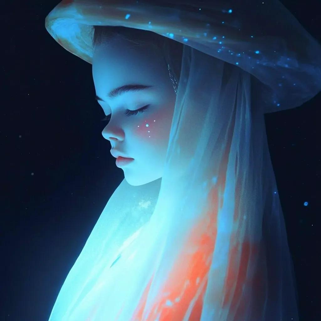 Here's a description of the image:

The image is a digital painting of a young girl, ethereal and dreamlike. She wears a large, flowing white veil or hood, reminiscent of a mushroom cap, that glows with a soft, cyan light.  Her eyes are closed, and her expression is serene.  Subtle orange hues peek through the veil, particularly near her shoulders.  The background is dark, speckled with tiny glowing points of light, enhancing the mystical atmosphere.  The overall effect is one of quiet beauty and otherworldly enchantment.