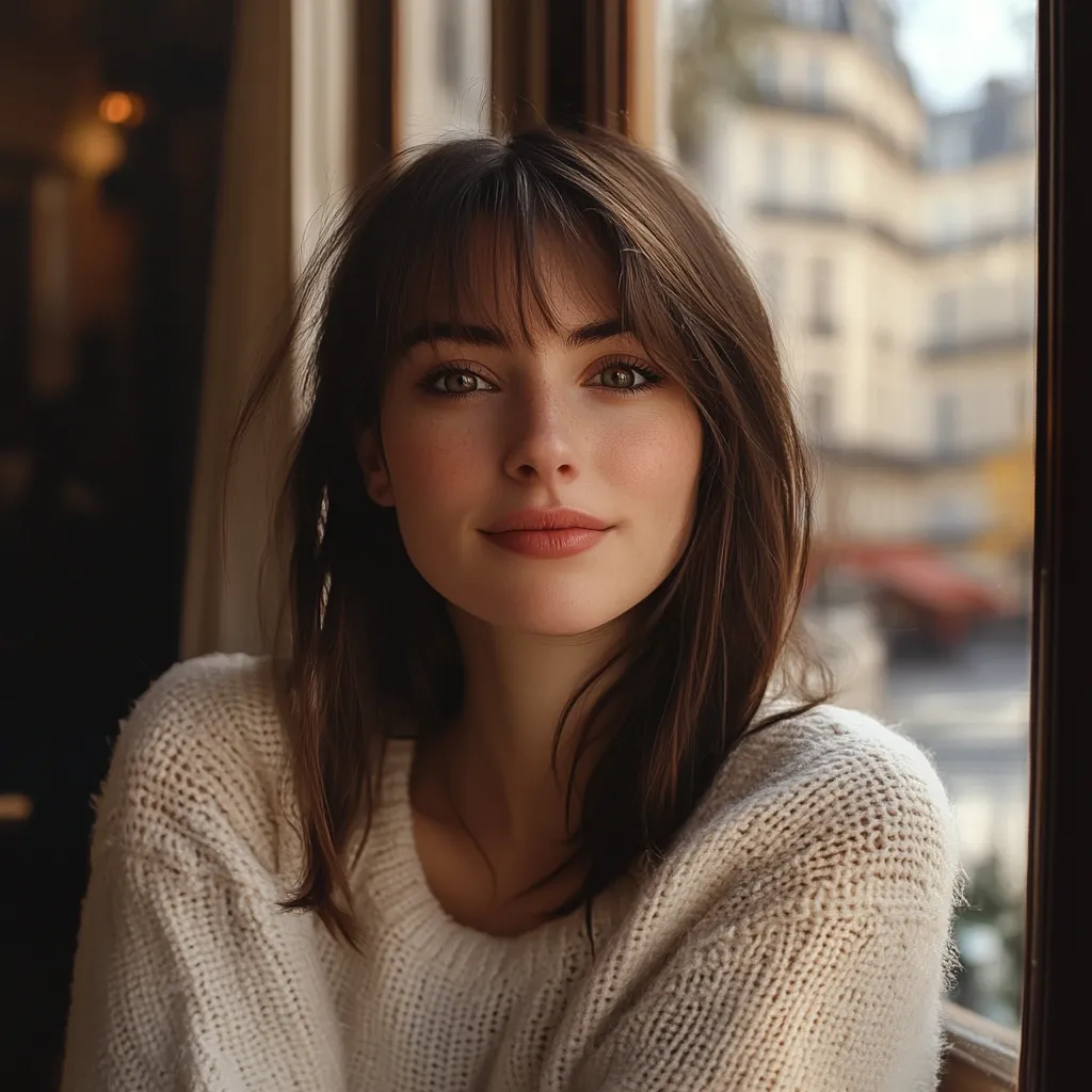Here's a description of the image:

Close-up portrait of a young woman with shoulder-length brown hair styled with blunt bangs. She has light skin, brown eyes, and a soft, natural makeup look.  Her expression is serene and slightly pensive. She's wearing a cream-colored, loosely knit sweater, and is positioned near a window with a blurred-out Parisian cityscape visible in the background.  The overall mood is warm, intimate, and aesthetically pleasing.