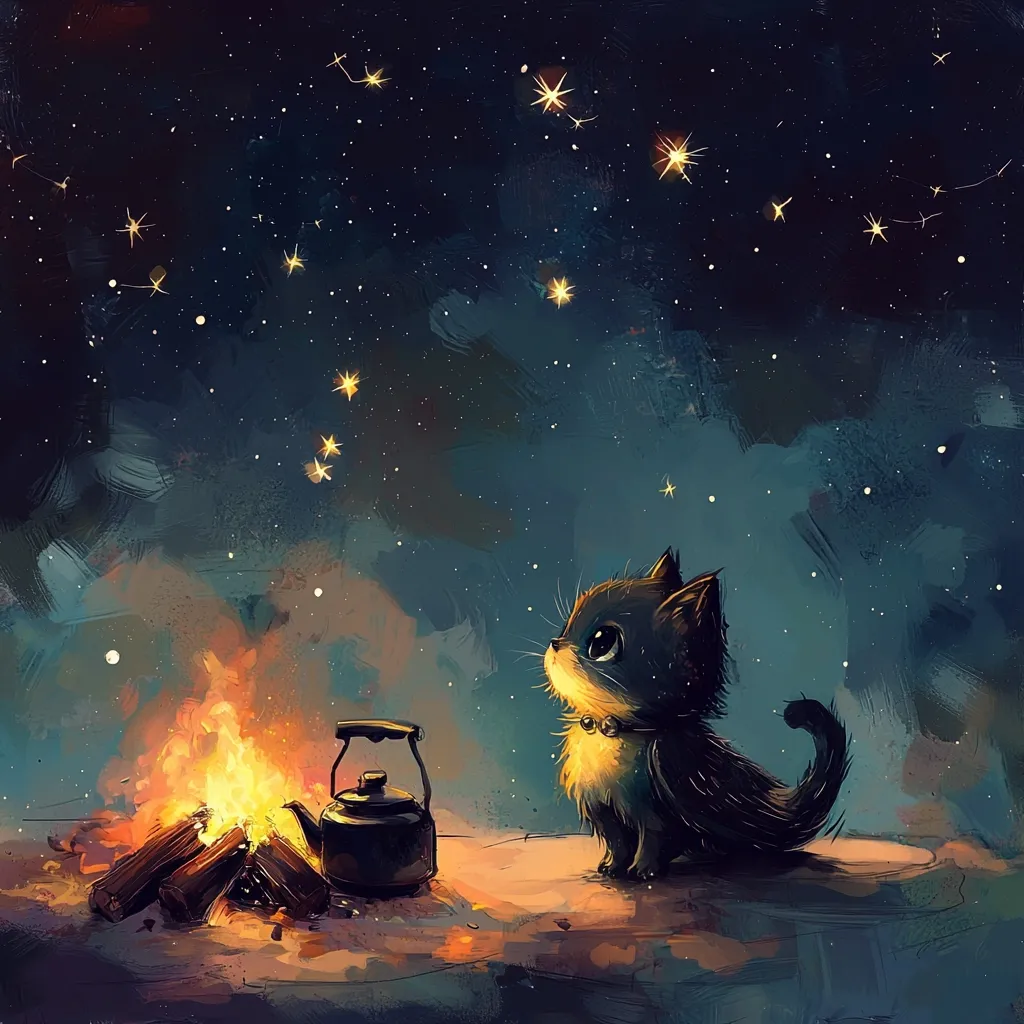 Here's a description of the image:

The digital painting depicts a whimsical scene under a starry night sky. A small, fluffy black kitten sits attentively, gazing upwards at a constellation.  A crackling campfire burns brightly beside it, next to a dark kettle. The style is painterly, with visible brushstrokes creating a soft, dreamlike atmosphere. The overall mood is peaceful and enchanting, suggesting a sense of wonder and quiet contemplation. The color palette consists primarily of dark blues, oranges, and blacks, accented by the warm glow of the fire and the sparkling stars.