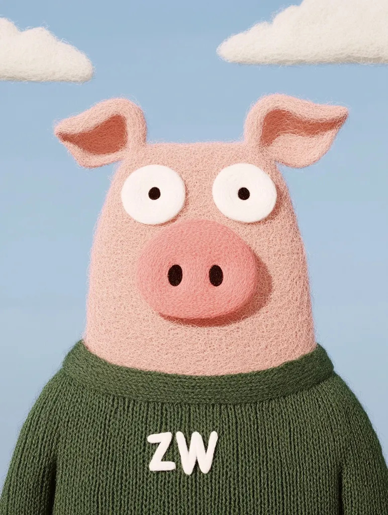 Here's a description of the image:

Close-up view of a whimsical, cartoonish pig.  The pig is rendered in a fluffy, textured style, appearing soft and plush. It has large, expressive eyes and wears a dark olive green sweater with the letters "ZW" embroidered on the chest.  The background is a pale blue sky with fluffy white clouds. The overall style is playful and friendly.