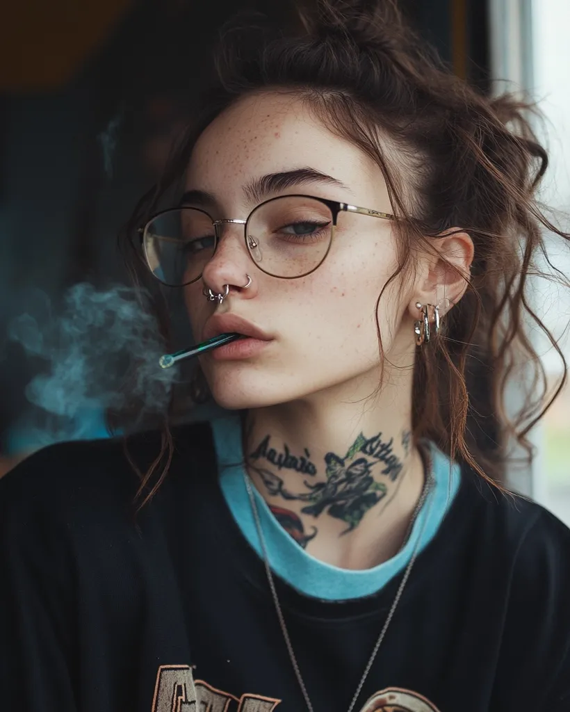 Here's a description of the image:

Close-up view of a young woman with dark, wavy hair styled in a loose updo. She wears round, wire-rimmed glasses, a septum piercing, and several small earrings.  A small, colorful tattoo is visible on her neck. She is wearing a dark, crew-neck shirt with a light blue band at the neckline, and a long silver necklace.  She holds a thin, dark object between her lips, exhaling smoke. The overall style is edgy and slightly rebellious. The image has a muted color palette and a somewhat moody atmosphere.
