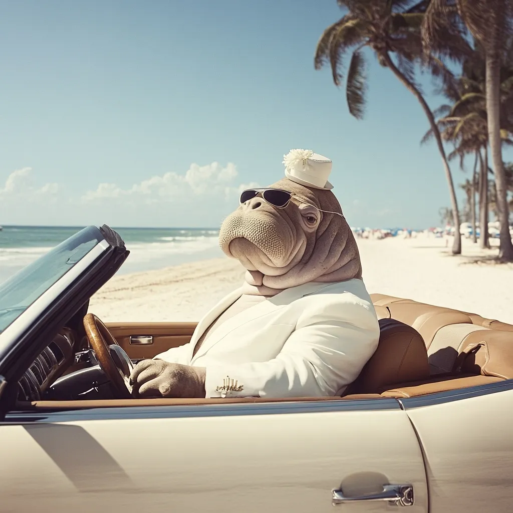 Here's a description of the image:

A walrus, wearing sunglasses, a white suit, and a small white hat, sits behind the wheel of a classic cream-colored convertible.  The car is parked on a sunny beach with palm trees in the background and a calm ocean visible in the distance. The walrus appears relaxed and sophisticated, enjoying the seaside scenery. The overall tone of the image is whimsical and humorous.