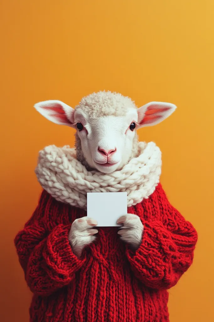 Here's a description of the image:

A fluffy white lamb, wearing a chunky red knitted sweater and an off-white knitted scarf, is the focus of the image.  The lamb holds a blank white card in its hooves, directly in front of its chest. The backdrop is a solid, vibrant orange. The overall style is whimsical and playful, suggesting a holiday or seasonal theme. The image is well-lit, with a focus on the lamb and its attire. The contrast between the white lamb, red sweater, and orange background is striking.