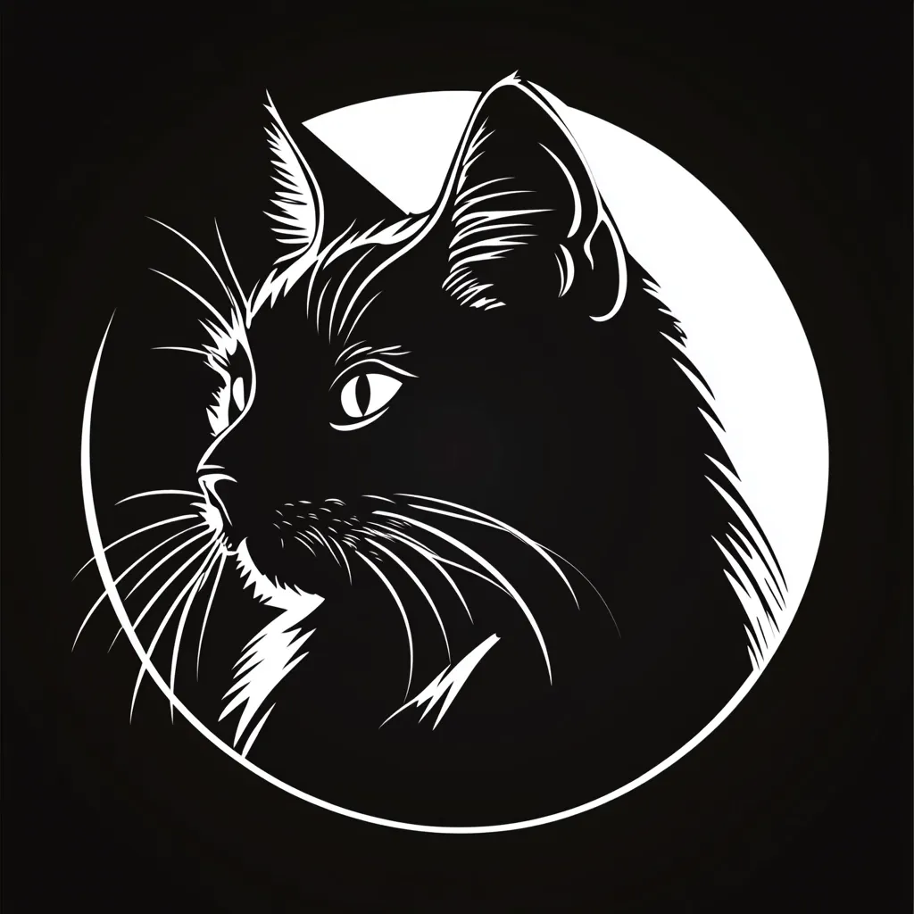 Here's a description of the image:

The image is a stylized black and white illustration of a cat's head and shoulders. The cat is depicted in profile, its head slightly turned to the viewer's left.  The style is reminiscent of a woodcut or linocut print, with bold, stark lines defining the cat's features.  The cat's fur is shown with textured lines, and its whiskers are long and prominent. The cat's head is set against a white circle, which is in turn set against a black background.  The overall effect is dramatic and visually striking.