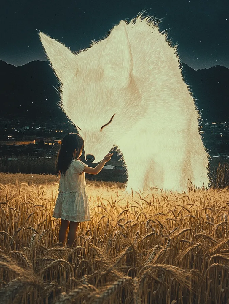 A young girl, dressed in a simple white dress, stands in a field of golden wheat under a night sky.  Before her looms a colossal, luminous white fox, its fur glowing softly.  The fox appears ethereal, almost otherworldly, its form partially translucent. The scene is serene and dreamlike, evoking a sense of wonder and magical realism, with the girl seemingly interacting with the fantastical creature.  Distant city lights and mountains provide a backdrop to this surreal encounter.