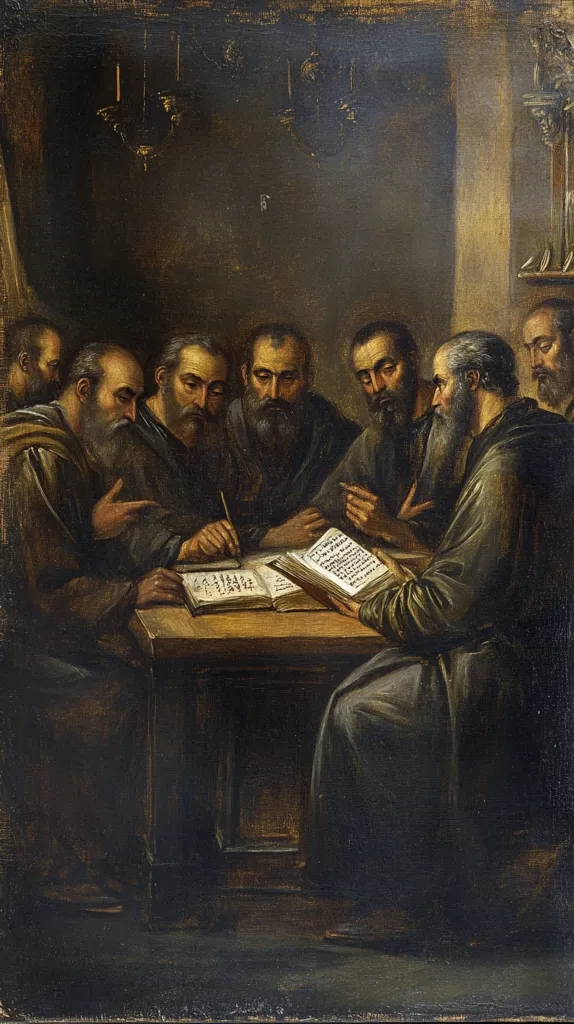 A dimly lit, richly textured painting depicts a group of seven men, likely biblical figures or scholars, gathered around a table.  They are dressed in dark robes and are deeply engrossed in studying open books, illuminated by a subtle light source. The scene exudes a sense of quiet contemplation and intellectual pursuit, emphasizing the solemn atmosphere of their scholarly endeavor within a simple, yet somewhat grand, interior setting. The artist’s use of shadow and light creates a dramatic effect, focusing attention on the men and their activity.