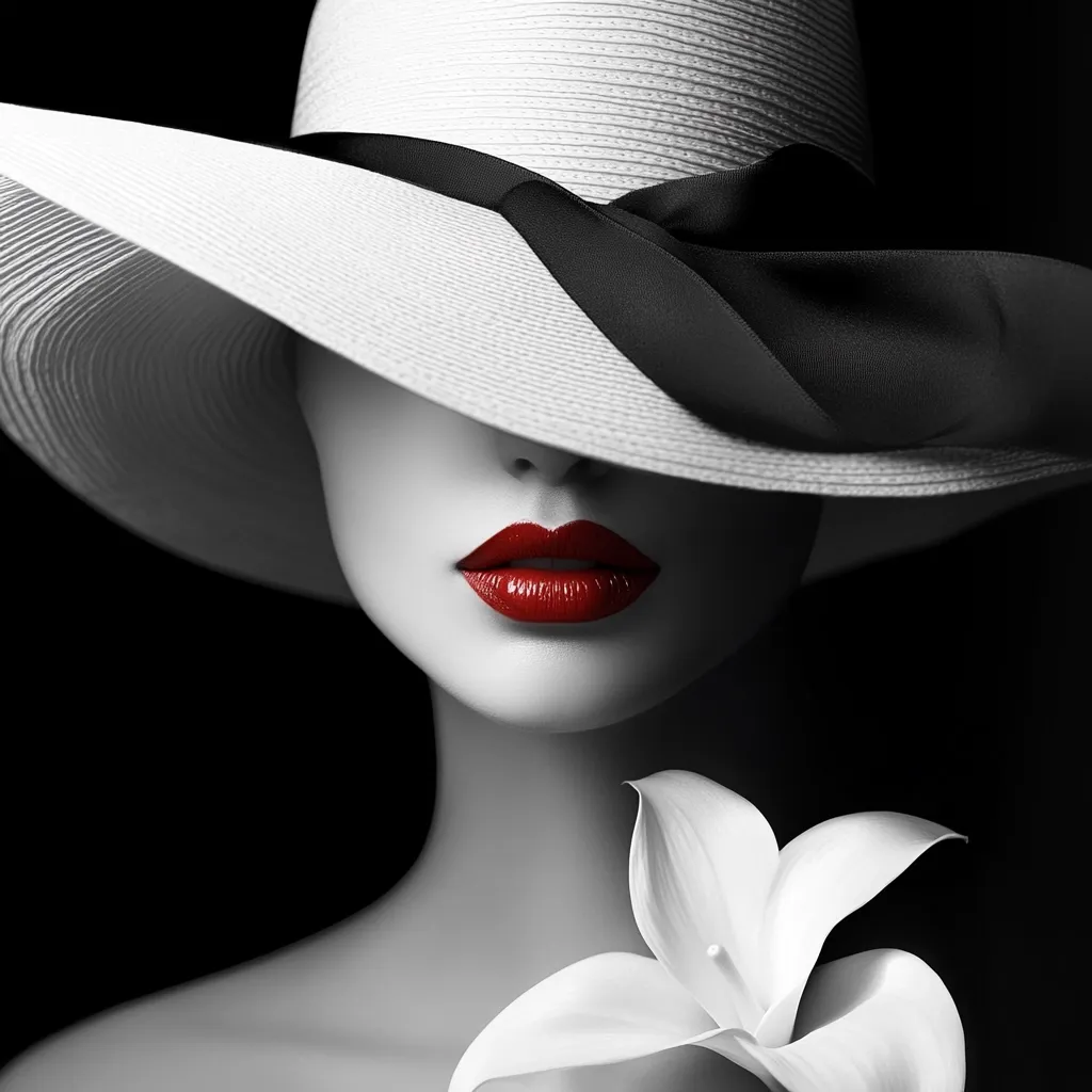 Here's a description of the image:

The image is a stylized black and white portrait of a woman, with the exception of her vibrantly red lips. She is wearing a large, wide-brimmed white hat adorned with a black ribbon.  The hat casts a shadow over her eyes, focusing attention on her full, red lips and the smooth contours of her face. A white calla lily is partially visible in the lower right corner, adding a touch of elegance. The stark contrast between the black background, white hat and flower, and the red lips creates a dramatic and visually striking effect. The overall mood is one of classic sophistication and mystery.