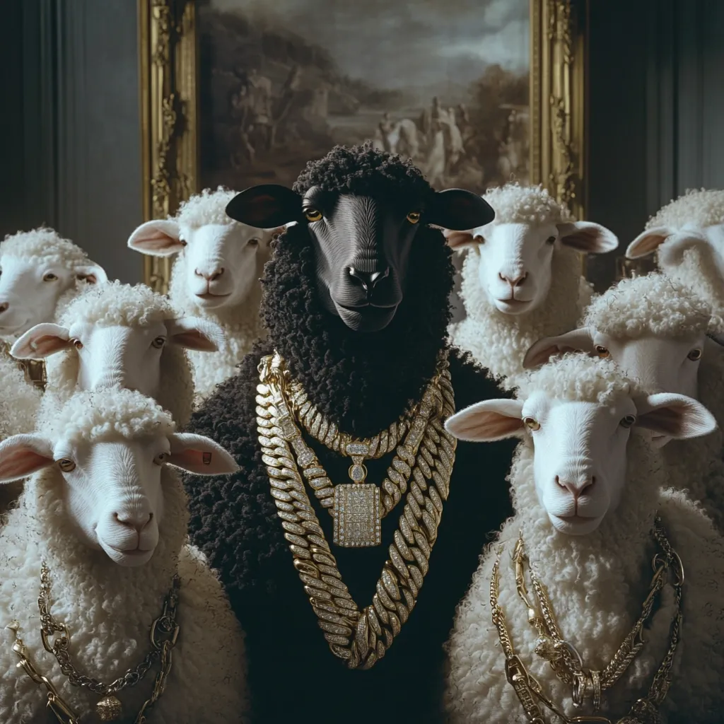 A black sheep, adorned with heavy gold chains and diamond pendants, stands prominently at the center of a group of white sheep.  The scene is framed by a classical-style painting in a gilded frame. The black sheep's confident pose contrasts sharply with the docile appearance of the surrounding white sheep, creating a visually striking image that suggests themes of individuality, wealth, and standing out from the crowd.  The overall style is darkly humorous and luxurious.