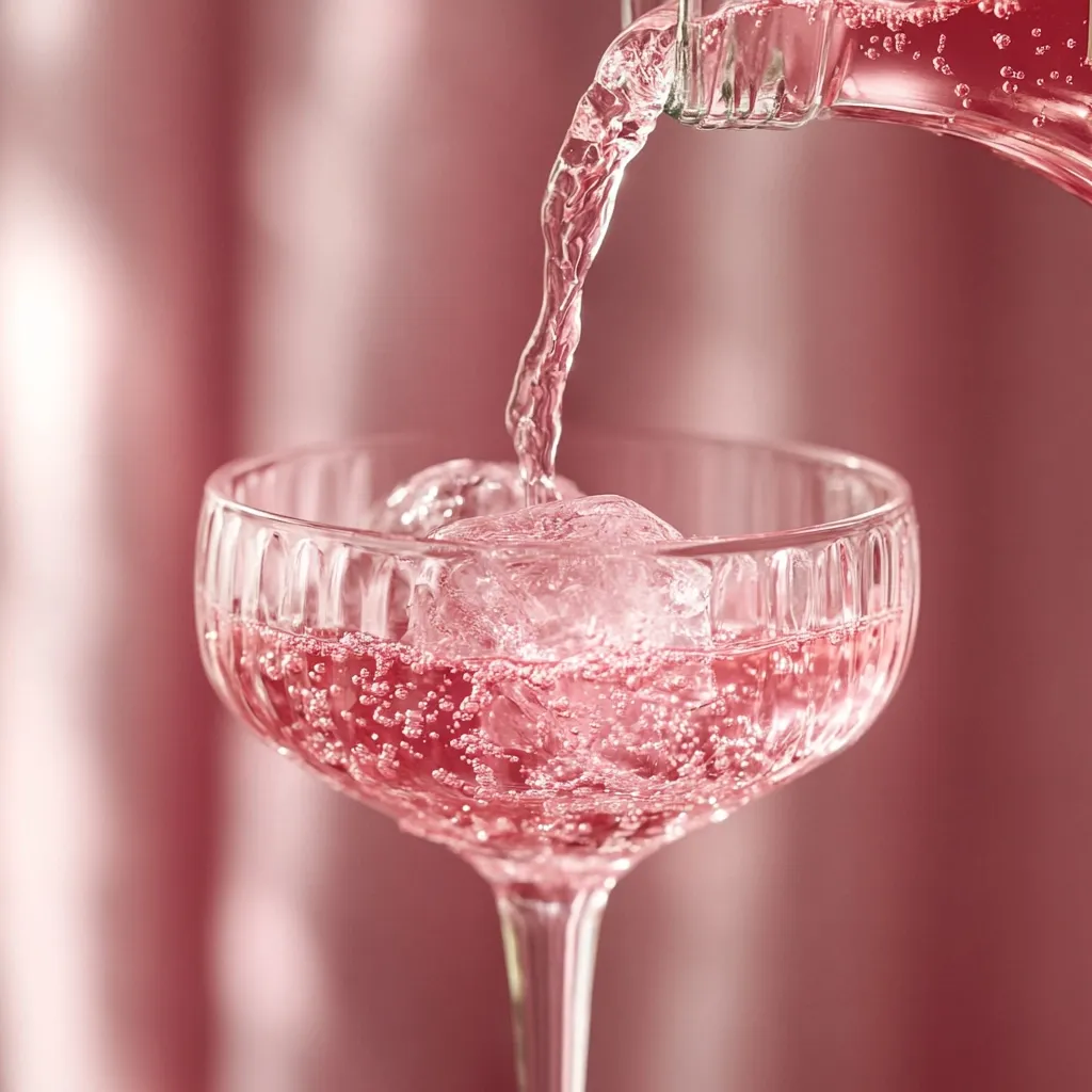 A pink, bubbly beverage is being poured into a coupe glass filled with ice.  The drink is a pale rose color, and the bubbles are clearly visible. The glass is elegant and stemmed, with a ribbed texture. The background is a blurred, rosy pink, creating a soft, romantic ambiance. The overall image evokes feelings of celebration and sophistication.