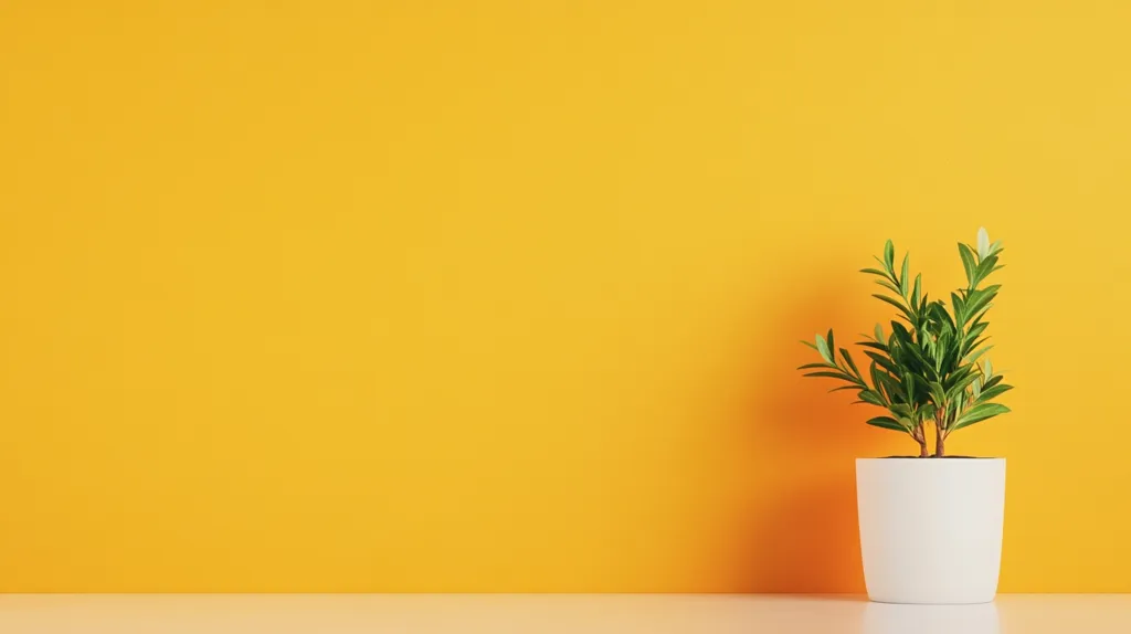 Here's a description of the image:

The image shows a vibrant yellow wall as a backdrop, with a small, potted plant positioned slightly off-center to the right. The plant is a lush green, appearing healthy and well-maintained, with small, delicate leaves.  It's planted in a simple, round, white pot that sits on a barely visible off-white surface at the bottom of the frame. The contrast between the bright yellow wall and the green plant creates a cheerful, minimalist aesthetic.  The overall impression is one of simplicity and clean design.