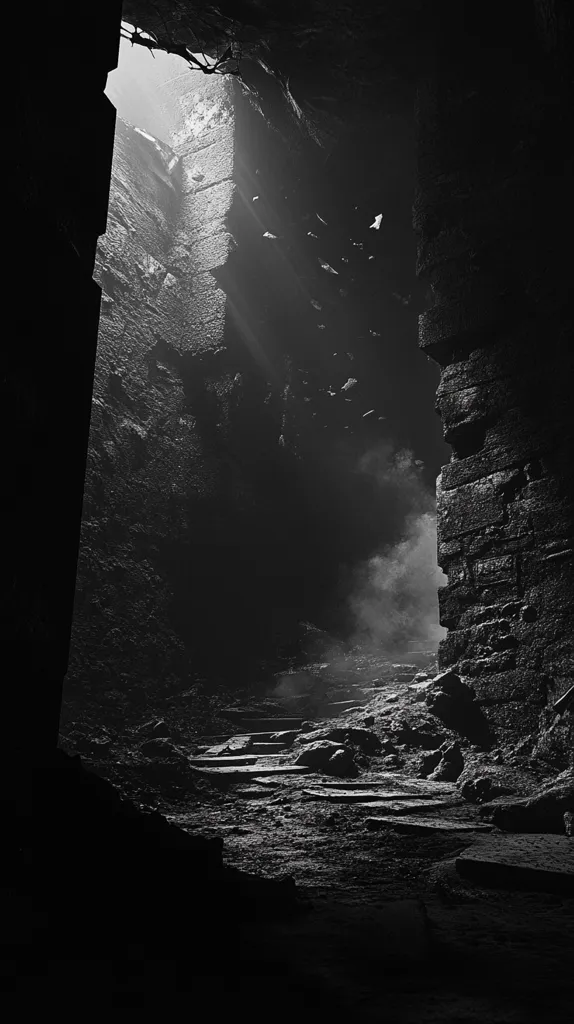 A monochromatic image captures a dimly lit, cavernous space, possibly an ancient ruin or subterranean passage.  A shaft of sunlight penetrates the darkness, illuminating dust motes and highlighting rough, stone walls and a crumbling pathway. The atmosphere is mysterious and evocative, with a sense of age and decay permeating the scene.  The contrast between light and shadow creates a dramatic and haunting effect.  The overall feeling is one of exploration and discovery within a forgotten place.