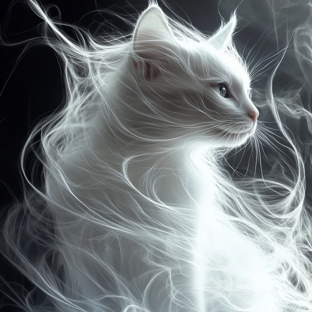 The image is a stylized depiction of a white cat.  Its fur appears ethereal and almost translucent, blending seamlessly with wispy, glowing strands that resemble smoke or energy. The cat's form is visible, but its edges are soft and undefined, giving it a mystical, otherworldly quality. The dark background emphasizes the luminous, almost spectral appearance of the feline. The overall effect is dreamlike and surreal, suggesting a creature of fantasy or magic.