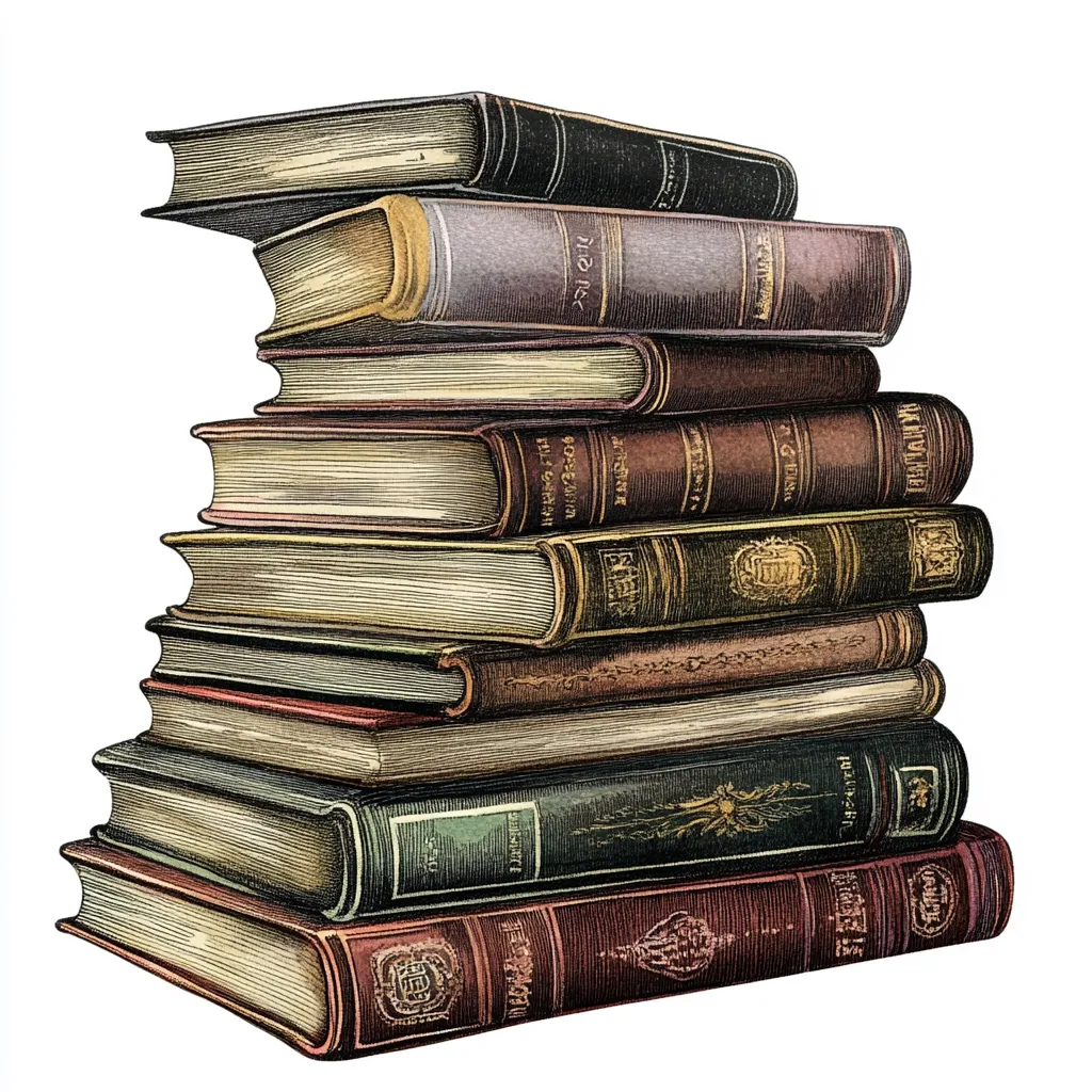 A meticulously illustrated stack of antique books leans precariously to the right.  The books, bound in various shades of brown, burgundy, and green, display ornate detailing and gilded text on their spines, suggesting age and possibly scholarly content.  The top book is dark, while the bottom book is a rich, deep red.  The overall impression is one of classic literature and accumulated knowledge.