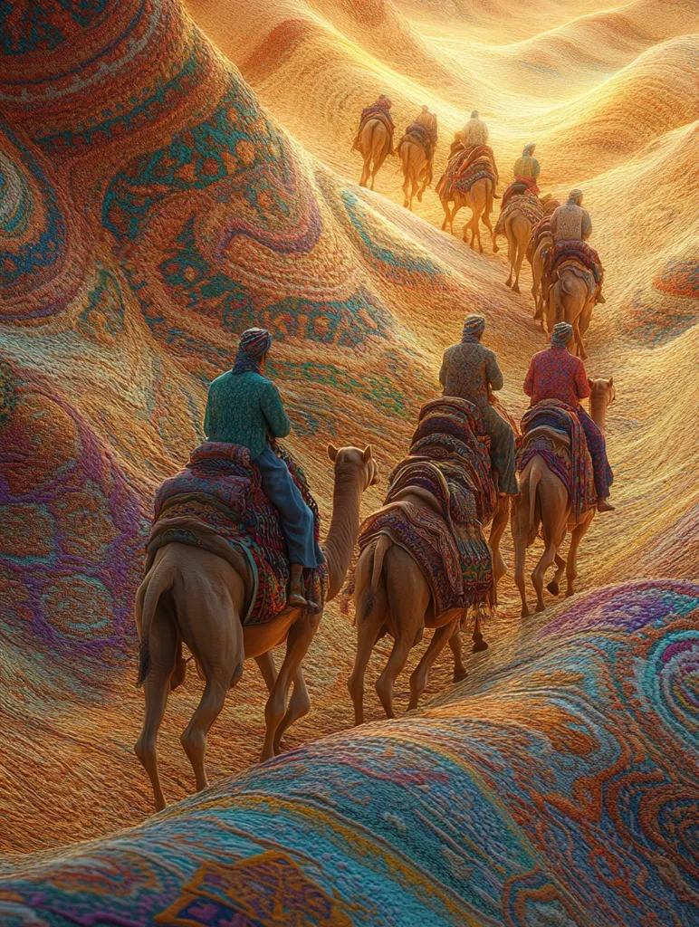 A caravan of camels, each carrying a rider in traditional clothing, traverses a vibrant, patterned landscape. The sand dunes are uniquely textured, resembling a massive, colorful carpet.  The warm, golden light suggests either sunrise or sunset, casting a serene glow over the scene. The camels move in a single file, creating a visually striking procession against the richly detailed background. The overall impression is one of both journey and artistic beauty.