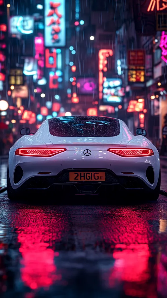 Here's a description of the image:

A white Mercedes-AMG GT sports car is parked on a rain-slicked street at night.  The background is a vibrant, blurry cityscape filled with neon signs in various colors, predominantly pink and blue, reflecting in the wet pavement.  Rain streaks down the car's rear window and the license plate, "2HGIG," is visible. The overall mood is atmospheric and dramatic, showcasing the contrast between the sleek car and the bustling, neon-lit urban environment. The reflection of the neon lights creates a captivating effect on the wet asphalt.