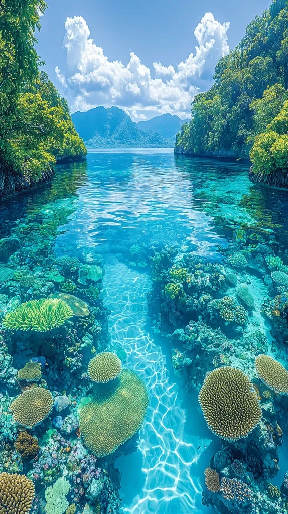 A tranquil lagoon scene unfolds, showcasing crystal-clear turquoise water flowing between lush, verdant islands.  The water is shallow enough to reveal vibrant coral reefs teeming with life, displaying various shades of green and brown.  Sunlight filters through the surface, creating dappled patterns on the ocean floor.  Distant mountains under a partly cloudy sky complete the idyllic tropical paradise.