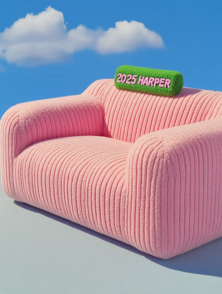 Here's a description of the image:

A plush, pink corduroy sofa sits on a light blue surface against a backdrop of a bright blue sky and fluffy white clouds.  The sofa has a ribbed texture and a rounded, modern design. A green cylindrical pillow rests on the back, bearing the words "2025 HARPER" in pink lettering. The overall aesthetic is bright, cheerful, and slightly whimsical. The scene suggests a promotional image or product shot, possibly for a furniture or design company.