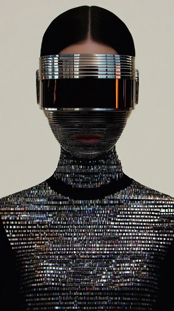 Here's a description of the image:

The image shows a stylized portrait of a person, seemingly female, whose face is obscured by a sleek, metallic visor reminiscent of a futuristic helmet or mask. The visor is chrome-like, with multiple horizontal lines creating a layered effect. The person's dark hair is pulled back neatly. Their body is clad in a dark garment textured with tiny, iridescent, square-shaped sequins, giving the appearance of a highly detailed, shimmering surface, creating a contrast with the smooth metal of the visor. The overall aesthetic is futuristic and somewhat androgynous, with a blend of polished metallic and glittery elements. The background is a neutral, light beige.