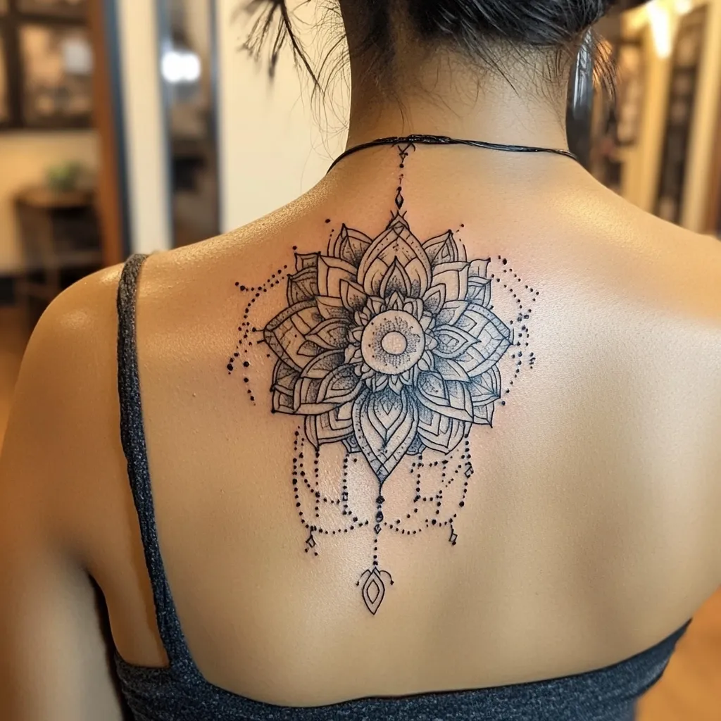 Here's a description of the image:

The image shows a woman's upper back featuring a detailed black ink mandala tattoo. The mandala is centrally positioned, exhibiting intricate floral patterns and geometric designs.  A delicate chain-like element extends downwards from the mandala's base, adding to its ornate appearance. The tattoo is finely rendered, with precise lines and shading. The woman's skin is light-toned, and she's wearing a gray tank top strap. The background is blurred, suggesting a professional tattoo setting. The overall aesthetic is elegant and artistic.