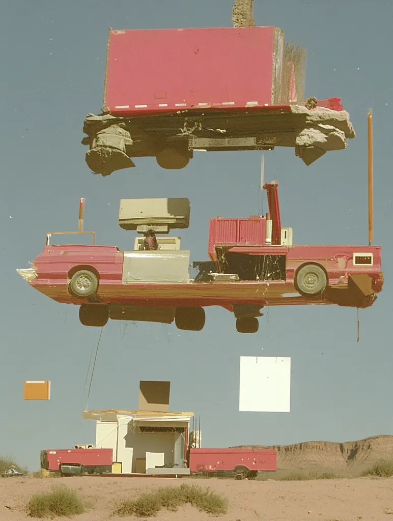 Here's a description of the image:

The photograph depicts a surreal scene of several red vehicles and structures suspended in mid-air against a clear, light-blue sky. A large, pink semi-truck trailer is at the top, seemingly detached from its cab and resting on a chunk of rock. Below it, a red vehicle, possibly a van or bus, with a crane-like structure attached, floats. At the bottom, a smaller red structure, which might be a building or part of a vehicle, sits on the ground.  Smaller, square objects are scattered throughout the image. The background shows a flat desert landscape with reddish-brown hills in the distance, suggesting an arid climate. The overall effect is disorienting and dreamlike, possibly artistic or conceptual in nature.