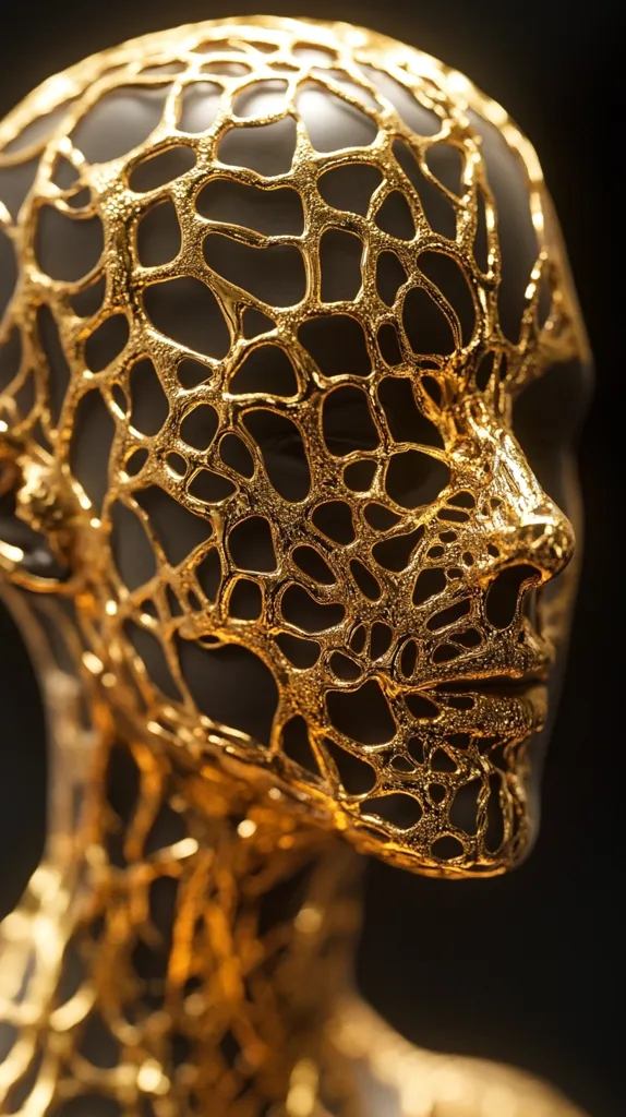Here's a description of the image:

Close-up view of a sculpted head and shoulders, seemingly female,  covered in a delicate, gold, lattice-like structure.  The gold overlay creates a web-like pattern over a darker, possibly black, underlayer, revealing the underlying form. The style is abstract and artistic, with the gold giving the impression of a precious metal casting or intricate ornamentation.  The background is dark, providing a stark contrast that highlights the intricate detail of the sculpture. The overall effect is one of elegance and otherworldly beauty.