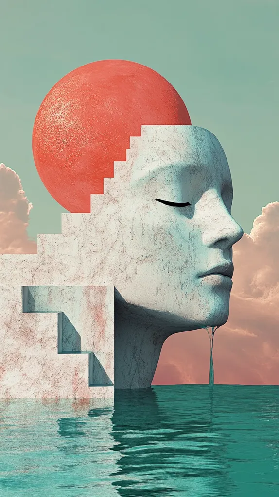 The image presents a surreal, dreamlike scene.  A large, serene stone face, partially submerged in teal water, is crowned by a large, coral-colored sphere.  A staircase structure merges with the face, forming an architectural element that extends into the water.  The overall mood is peaceful and contemplative, enhanced by a soft, pastel sky with wispy clouds.  A single, thin stream of water drips from the chin, adding to the image's mystical and enigmatic quality.
