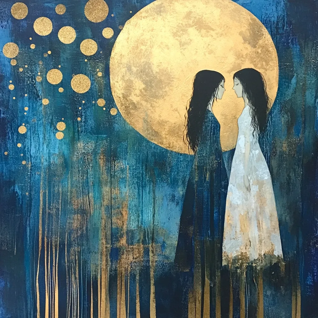 A painting depicts two long-haired women facing each other under a large, golden moon.  The woman on the left wears a dark dress, while the woman on the right is in a lighter, almost white, gown.  The background is a deep blue, textured with gold accents resembling dripping paint and scattered golden orbs, suggesting stars or celestial dust. The overall mood is ethereal and mysterious, with a focus on the contrast between light and dark, and the connection between the two figures.