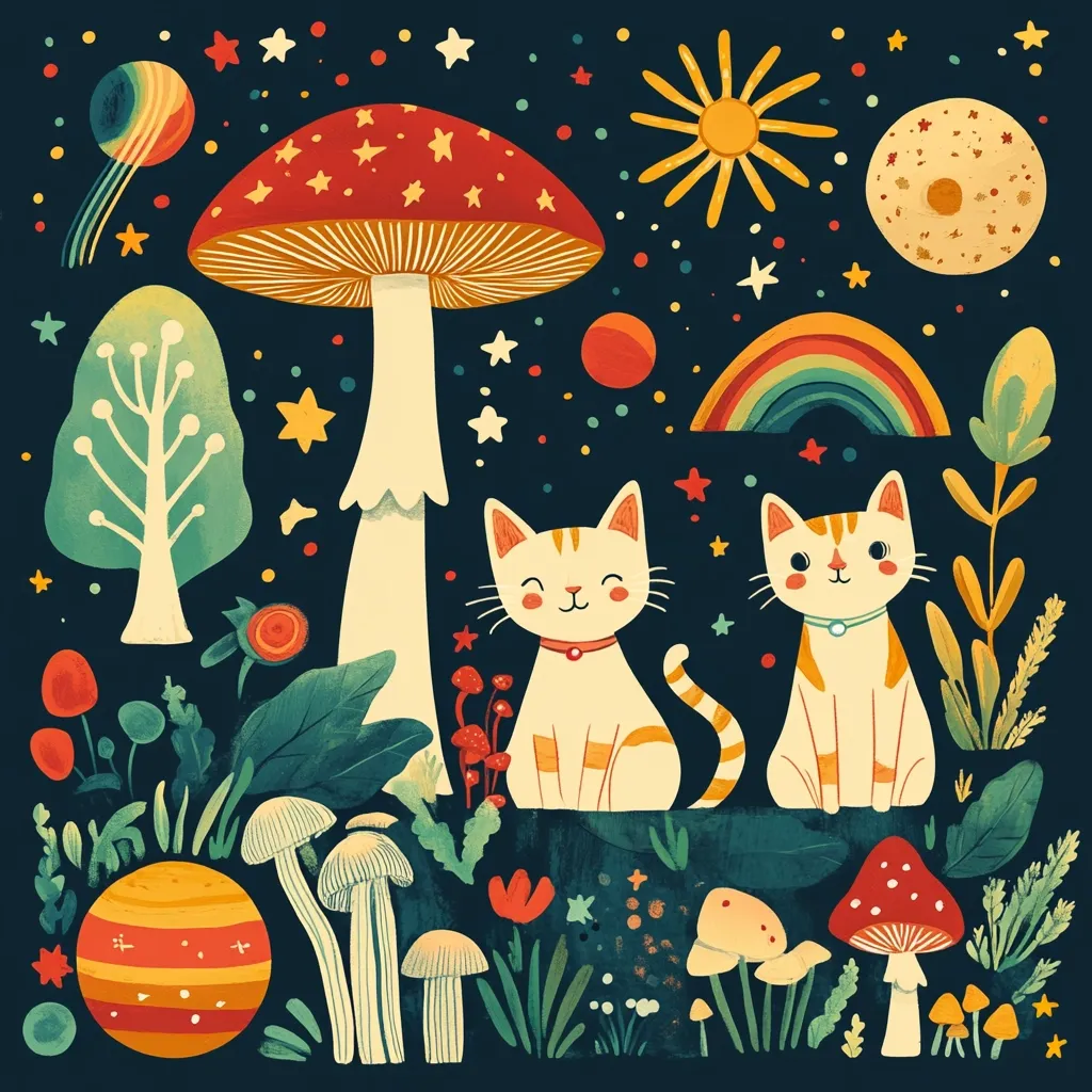 Here's a description of the image:

The illustration is a whimsical, vibrant scene teeming with fantastical elements.  Two cheerful, orange and white cats sit center stage amidst a lush, psychedelic landscape.  Towering over them is a large, star-studded mushroom, while smaller toadstools and other fungi dot the foreground.  Surrounding the cats are stylized trees, flowers, a rainbow, and celestial bodies like a sun and planets, all rendered in a retro, almost 70s-inspired aesthetic.  The background is a deep navy blue, providing a rich contrast to the bright, saturated colors of the flora and fauna.  The overall feel is magical and playful.