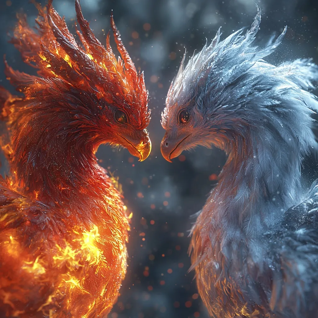 The image depicts two majestic, mythical creatures facing each other.  One, a fiery phoenix, blazes with orange and red flames, its plumage seemingly alight. The other, an ice phoenix, is a stunning contrast, its feathers a frosty blue and white, adorned with shimmering ice crystals.  The two creatures are intensely focused on one another, their beaks almost touching, creating a captivating visual representation of opposing forces in harmonious tension. The background is a dark, blurred bokeh suggesting a mystical forest setting.