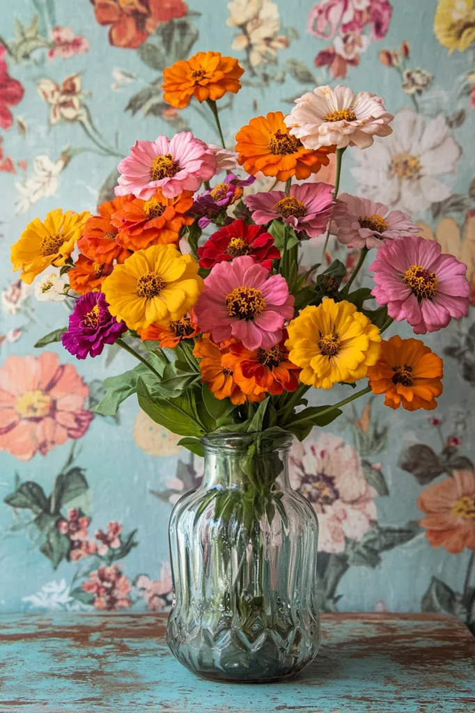 Here's a description of the image:

A vibrant bouquet of zinnias in various colors, including orange, pink, yellow, and red, fills a clear, ribbed glass vase. The flowers are densely packed, showcasing a profusion of blossoms. The vase sits on a rustic, teal-colored wooden surface against a backdrop of a vintage floral wallpaper in soft blues and muted pinks, creating a charming and aesthetically pleasing still life. The light seems soft and natural, enhancing the colors of the flowers and the overall romantic mood of the composition.