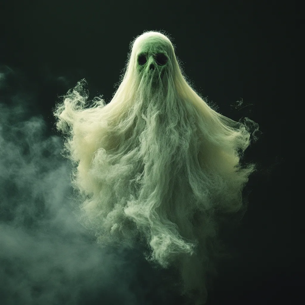 Here's a description of the image:

The image depicts a ghostly figure, seemingly composed of wispy, pale green and off-white filaments resembling smoke or spun fibers.  A skull-like face, with a greenish hue, is partially visible within the ethereal mass. The figure is set against a dark, moody background that enhances its otherworldly appearance.  A smoky haze surrounds the base of the ghostly figure, adding to the overall eerie and mysterious atmosphere. The overall effect is one of unsettling beauty and spectral terror.