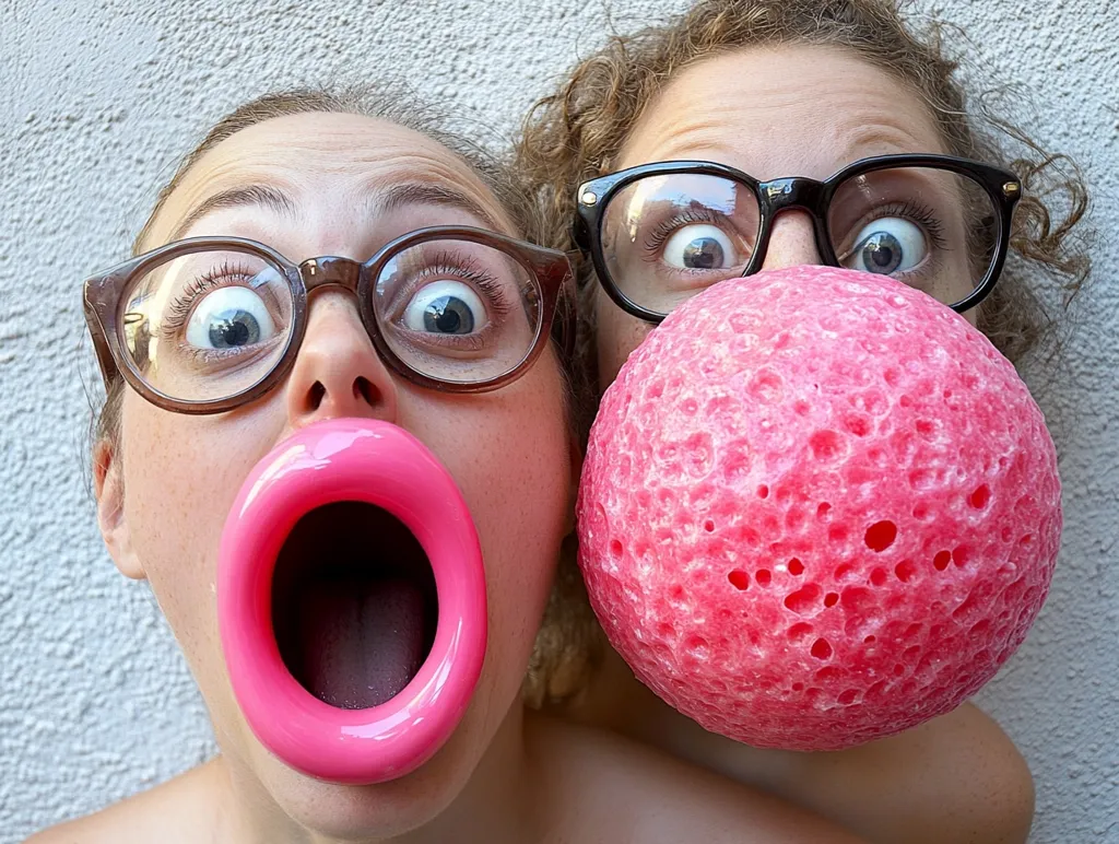 Two women, wearing glasses, are shown from the chest up.  One woman has a large, pink, mouth-shaped object in her mouth, while the other woman has a similarly large, pink, porous sphere covering her mouth.  Both women have wide eyes, conveying a comedic or surprised expression. The background is a textured, light-grey wall. The overall image is playful and slightly absurd.