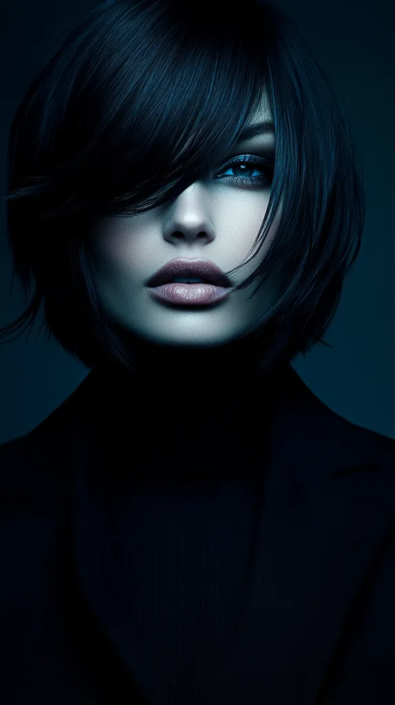 A close-up, dramatic portrait of a woman with short, dark hair styled with a blunt fringe that partially obscures her eyes.  Her gaze is direct, and her full lips are painted a muted pink.  She wears a dark turtleneck, creating a stark contrast against her pale skin. The lighting is moody and low-key, emphasizing her features and creating a sense of mystery. The overall aesthetic is sleek and sophisticated.