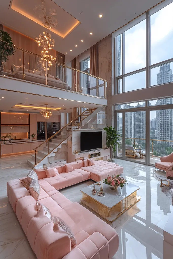 Here's a description of the image:

The photograph showcases a luxurious, open-plan living space in a high-rise apartment.  A massive, pale pink sectional sofa dominates the main floor, centered around a gleaming, marble-topped coffee table.  A modern staircase with a glass railing ascends to a mezzanine level, visible through a glass balustrade, which features a pale pink and gold bedroom suite.  Floor-to-ceiling windows offer panoramic city views. The overall aesthetic is opulent and modern, with a color palette focused on soft pink, gold, and white.  Subtle lighting enhances the space's elegant atmosphere.