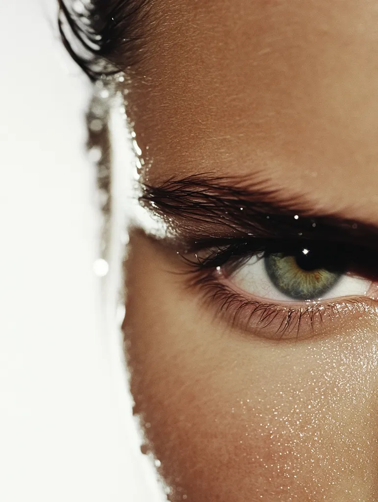 Here's a description of the image:

A close-up shot reveals a woman's eye, partially obscured by a torn piece of white material. Her skin is tanned, with a subtle sheen suggesting moisture or highlight. Dark, defined eyebrows frame a captivating green eye, which stares intensely.  The texture of the skin is visible, showing fine details and a slight glisten.  The overall aesthetic is one of high contrast and intimacy, focusing on the eye and the surrounding skin's texture.