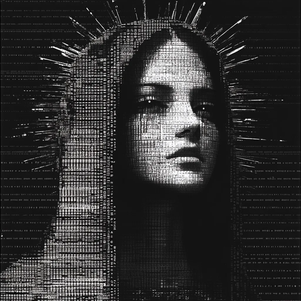 The image is a striking monochrome portrait of a woman's face, seemingly composed entirely of lines of code.  Her expression is serious, almost somber.  Radiating from her head are bursts of digital data, creating a halo-like effect.  The overall aesthetic is dark and high-contrast, suggesting themes of technology, artificial intelligence, or the digital age's impact on identity. The woman appears both human and machine, a blend of organic and synthetic elements.