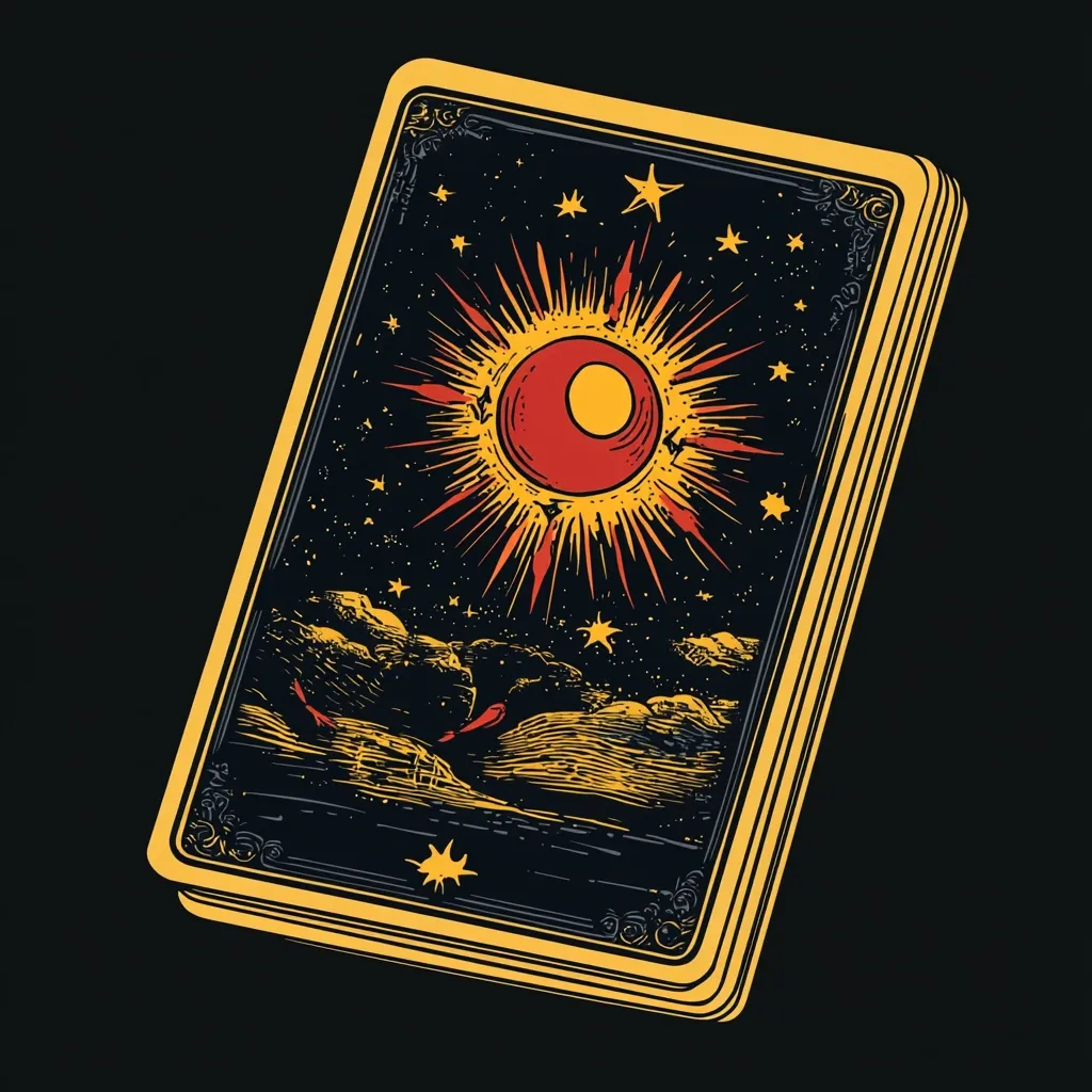 Here's a description of the image:

The image shows a stylized tarot card, angled to reveal its depth. The card is predominantly dark, featuring a vibrant, sun-like celestial body at its center, with radiating rays of orange and red. This central motif is set against a night sky filled with small stars.  Below, a stylized landscape of hills and clouds is depicted in shades of gold and yellow. The card's border is a rich gold with decorative flourishes, giving it an antique or mystical feel. The overall style is reminiscent of vintage or occult imagery.