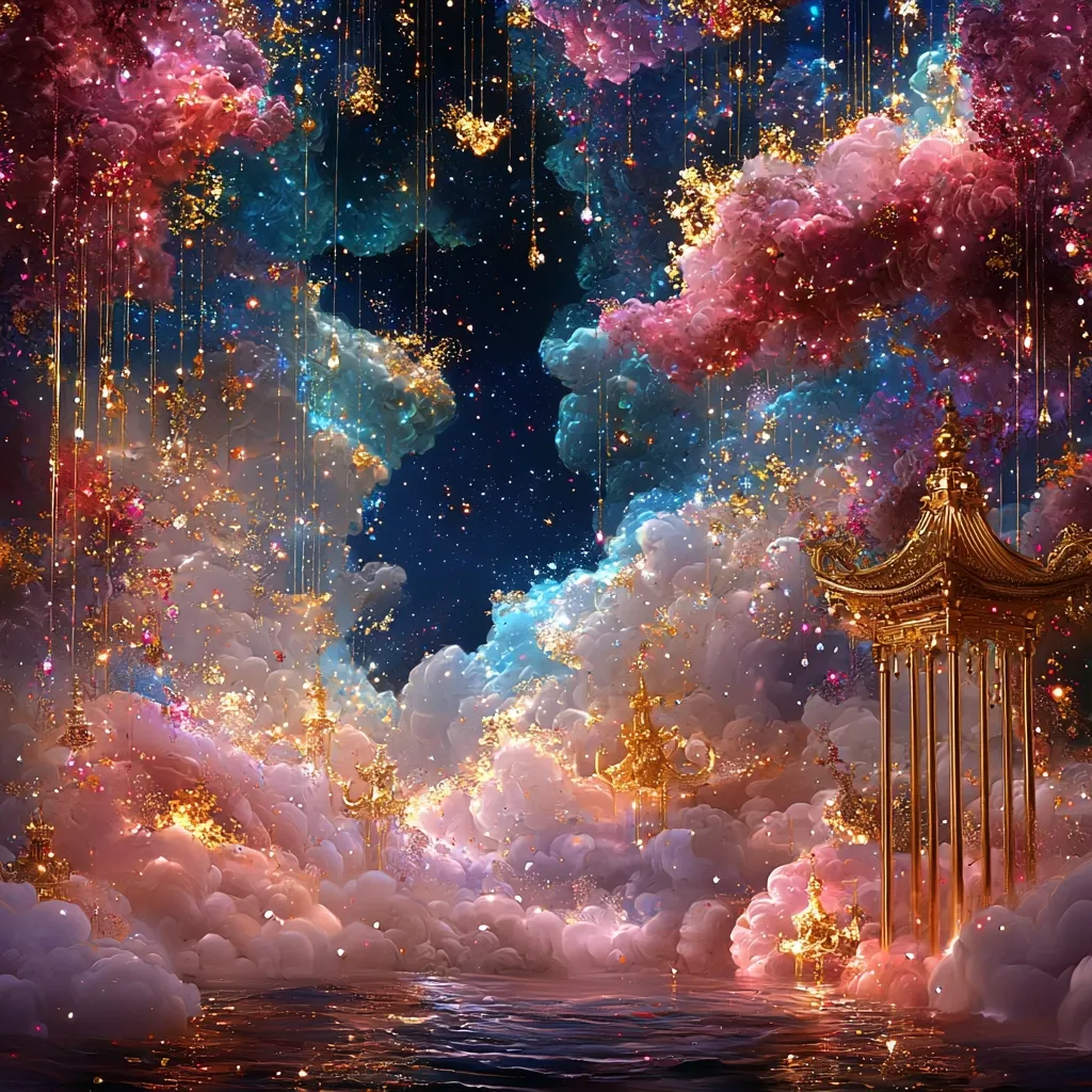 Here's a description of the image:

The artwork depicts a fantastical, dreamlike scene.  Gold, ornate structures, reminiscent of Chinese pagodas, are nestled amongst voluminous, iridescent clouds that shimmer with gold and pink hues.  A dark, starry sky is visible through gaps in the clouds, from which golden strands descend, resembling shimmering rain. The overall effect is one of magical wonder, a celestial landscape brimming with light and texture, reflecting in a calm, dark body of water below.  The image evokes feelings of serenity and enchantment.