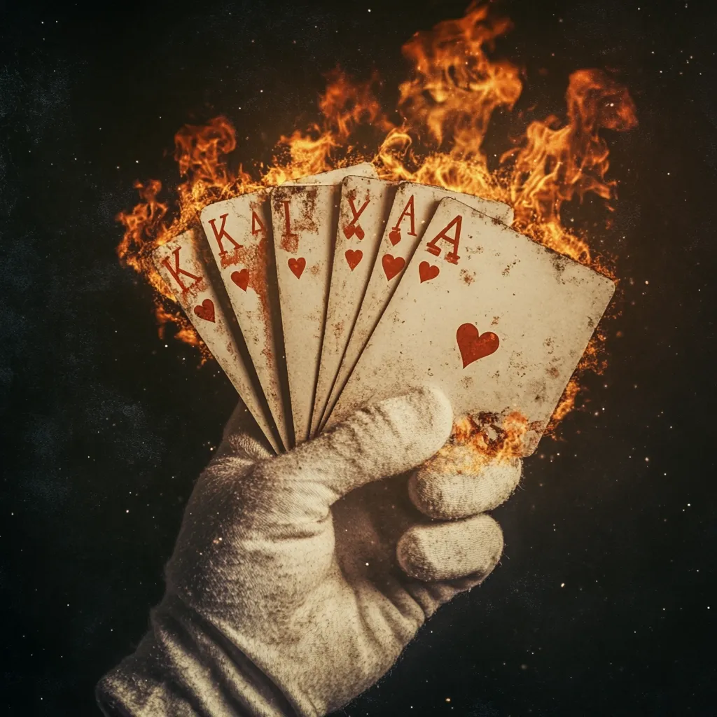 A gloved hand clutches a burning poker hand: a pair of Aces and a King, Queen, and Jack of hearts.  The cards are old and worn, their edges consumed by flames that lick at the fingers of the glove. The dark background and dramatic lighting enhance the fiery scene, suggesting a high-stakes gamble or a symbolic act of destruction.  The overall aesthetic is gritty and vintage.