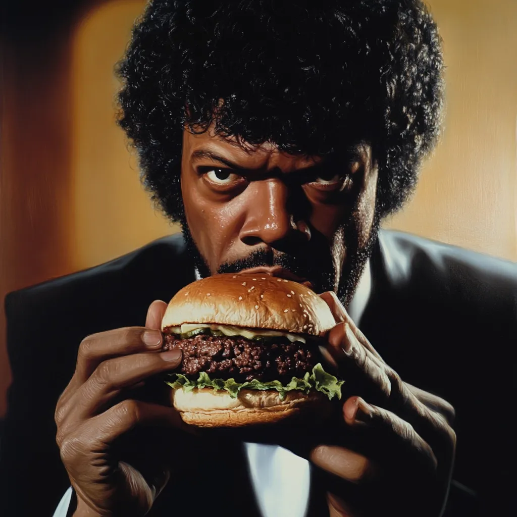 Here's a description of the image:

The painting is a close-up portrait of Samuel L. Jackson, styled to resemble his character Jules Winnfield from Pulp Fiction.  He's intensely focused on taking a large bite from a juicy cheeseburger.  Jackson's signature afro is prominent, and his expression is serious, bordering on menacing, despite the seemingly mundane act of eating.  The dark suit and lighting add to the dramatic mood, creating a stark contrast between the actor's intense gaze and the simple, yet satisfying, burger. The overall style is hyperrealistic, capturing fine detail and texture in both subject and food.