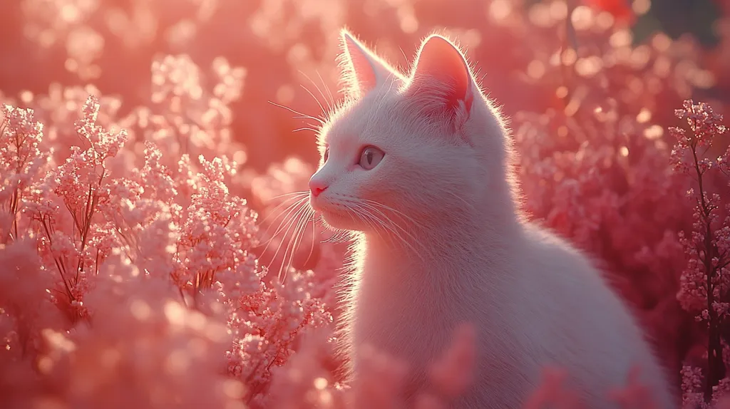 A pristine white cat sits amidst a field of soft, coral-colored flowers.  The warm, golden light of either sunrise or sunset bathes the scene, creating a dreamy, ethereal atmosphere. The cat's fur appears almost luminous against the delicate blossoms, its gaze directed thoughtfully off into the distance.  The overall image is peaceful and serene, suggesting a tranquil moment in nature.
