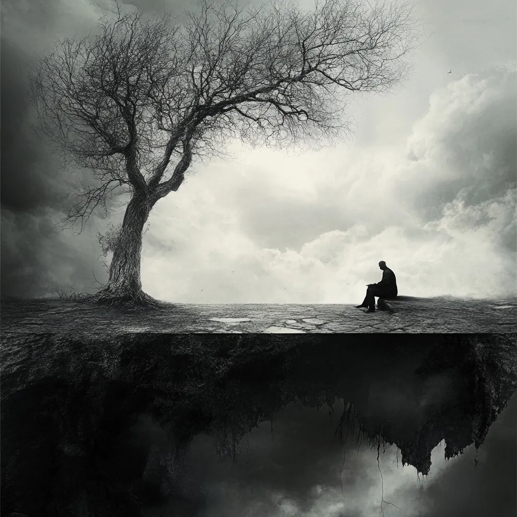 A monochrome image depicts a solitary figure seated on a precipice, gazing out at a bleak, cloudy sky.  A barren tree stands nearby, its branches reaching towards the overcast heavens. The ground beneath the figure appears to be a cracked, floating platform, with a dark, abyss-like chasm visible below. The overall mood is one of isolation, despair, and the fragility of existence. The stark contrast between the light sky and dark abyss emphasizes a sense of impending doom or uncertainty.