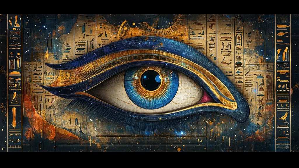 Here's a description of the image:

The artwork depicts a stylized Eye of Horus, the ancient Egyptian symbol of protection and royal power.  The eye is rendered in vibrant blues and golds, with intricate details suggesting a cosmic or celestial background.  It's framed by hieroglyphs on a parchment-like texture, adding an antique and mystical feel. The background features a blend of stars and a faded parchment texture, enhancing the image's otherworldly and ancient atmosphere.  The overall effect is one of powerful symbolism and rich cultural heritage.