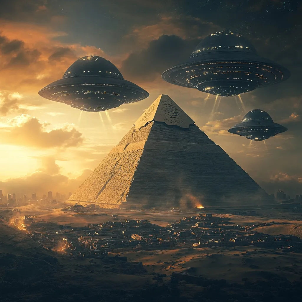 Here's a description of the image:

The digital artwork depicts a dramatic scene of three large, dark grey UFOs hovering over a massive pyramid in a desert landscape.  The pyramid, appearing ancient and weathered, dominates the foreground, with a small city or village sprawling at its base. A setting sun casts a warm, orange glow across the scene, contrasting with the dark, imposing spacecraft. The sky is filled with moody clouds, adding to the mysterious and somewhat ominous atmosphere. The overall style is highly realistic, creating a captivating blend of science fiction and historical elements.