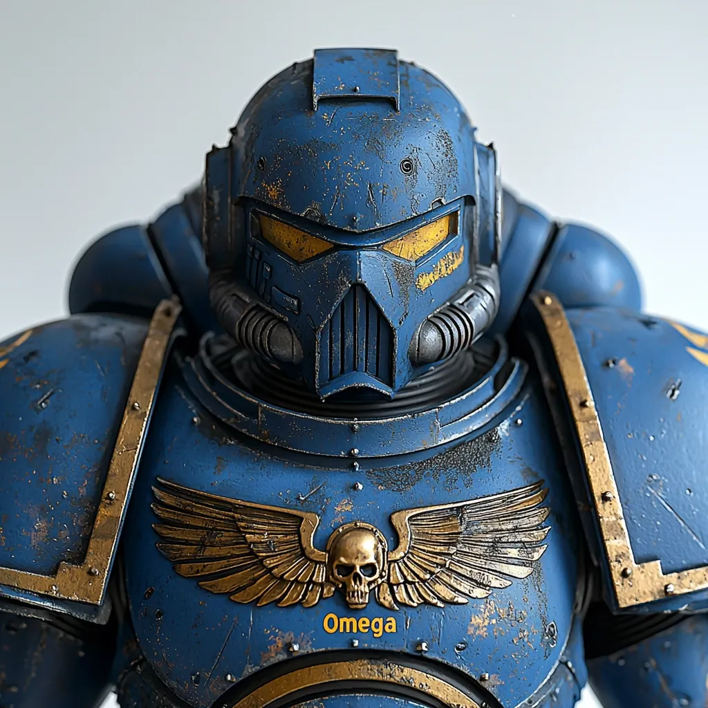 A close-up shot reveals a meticulously detailed model of a Space Marine, likely from the Warhammer 40,000 universe.  The armor is a weathered blue, accented with gold trim and insignia, including a skull emblem flanked by wings. The helmet features yellow lenses, and the word "Omega" is visible on the chest plate, possibly indicating a chapter or squad designation.  The overall effect is one of battle-worn grandeur and imposing power.