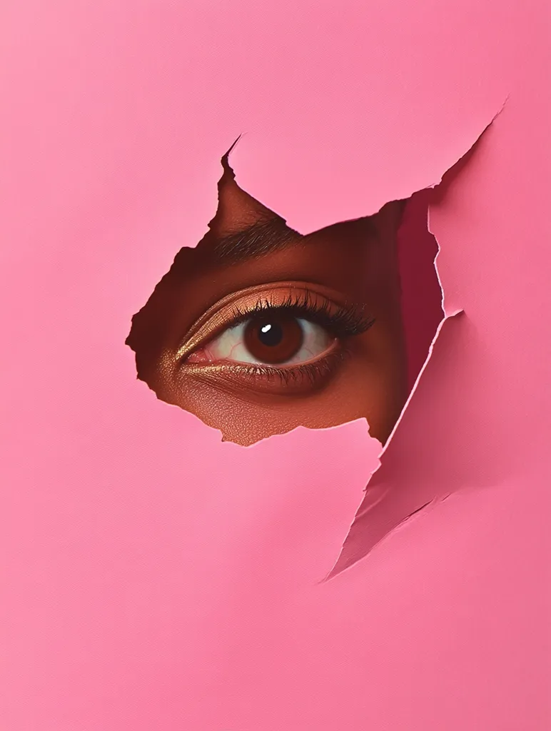 A close-up shot reveals a dark-brown eye peering through a jagged tear in a vibrant pink background. The eye is beautifully made up, with subtle gold eyeshadow complementing the dark lashes and brown iris.  Only the eye and surrounding skin are visible, creating a mysterious and intriguing image.  The contrast between the warm tones of the skin and the cool pink backdrop adds to the visual impact.