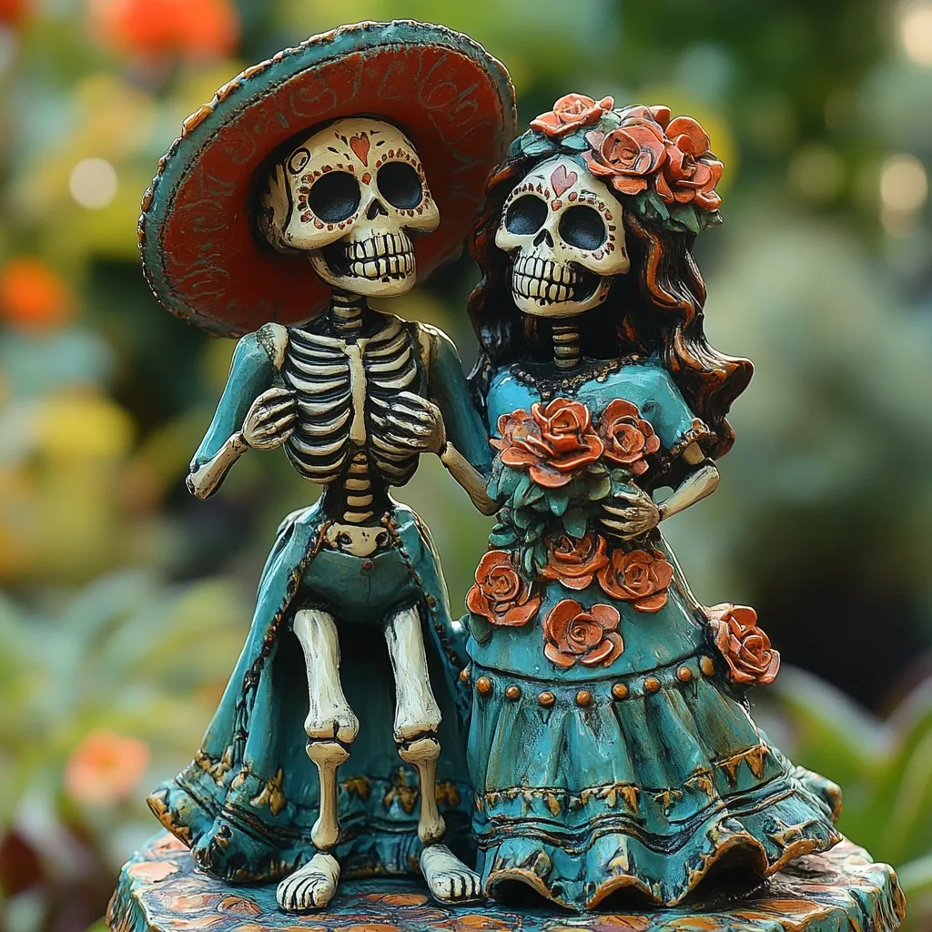 Here's a description of the image:

Close-up view of a Day of the Dead themed figurine depicting a skeletal bride and groom. The bride, adorned in a teal dress embellished with orange roses, wears a floral crown.  The groom, sporting a wide-brimmed orange hat, is dressed in matching teal attire. Both figures are intricately detailed, showing visible bone structures beneath their clothing. The figurines are positioned on a small, ornate base, set against a blurred background of green foliage and hints of orange flowers, suggesting an outdoor setting. The overall aesthetic is vibrant and festive yet maintains the traditional Day of the Dead imagery.