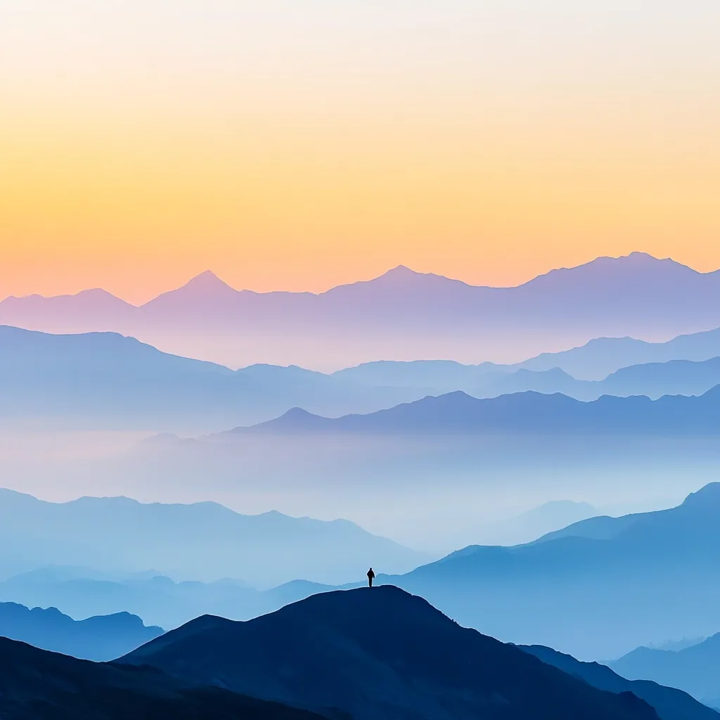 A solitary figure stands silhouetted atop a mountain peak, overlooking a vast, layered panorama of mountains stretching to the horizon.  The mountains are rendered in a soft, pastel palette of blues and purples, fading into a warm, pale orange sky at the zenith.  A gentle mist hangs in the valleys, adding depth and mystery to the serene, almost ethereal landscape. The scene evokes a sense of peace, vastness, and contemplation.
