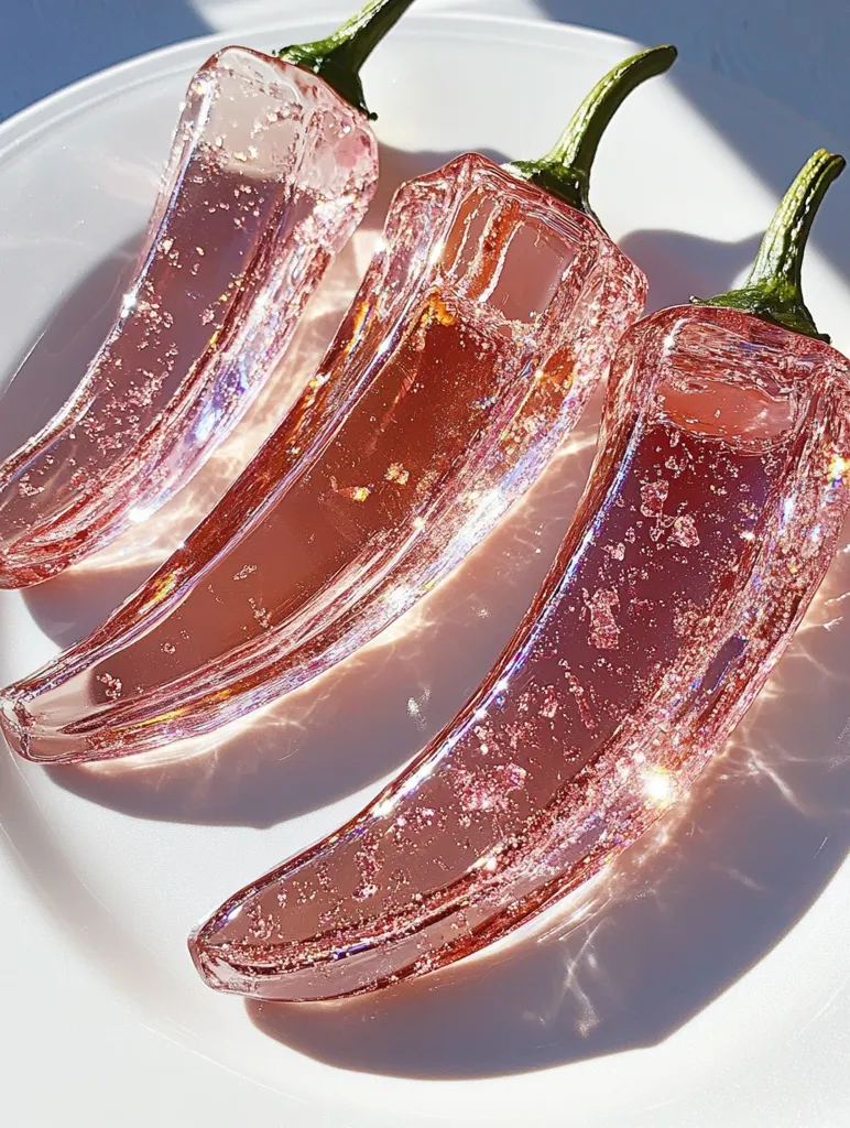 Three translucent, rose-colored glass chili peppers are artfully arranged on a white plate.  The peppers are shaped realistically, with visible stems and a glossy finish.  Sunlight highlights the internal bubbles and creates shimmering effects within the glass.  The overall aesthetic is elegant and slightly surreal, suggesting a decorative or artistic object rather than food.