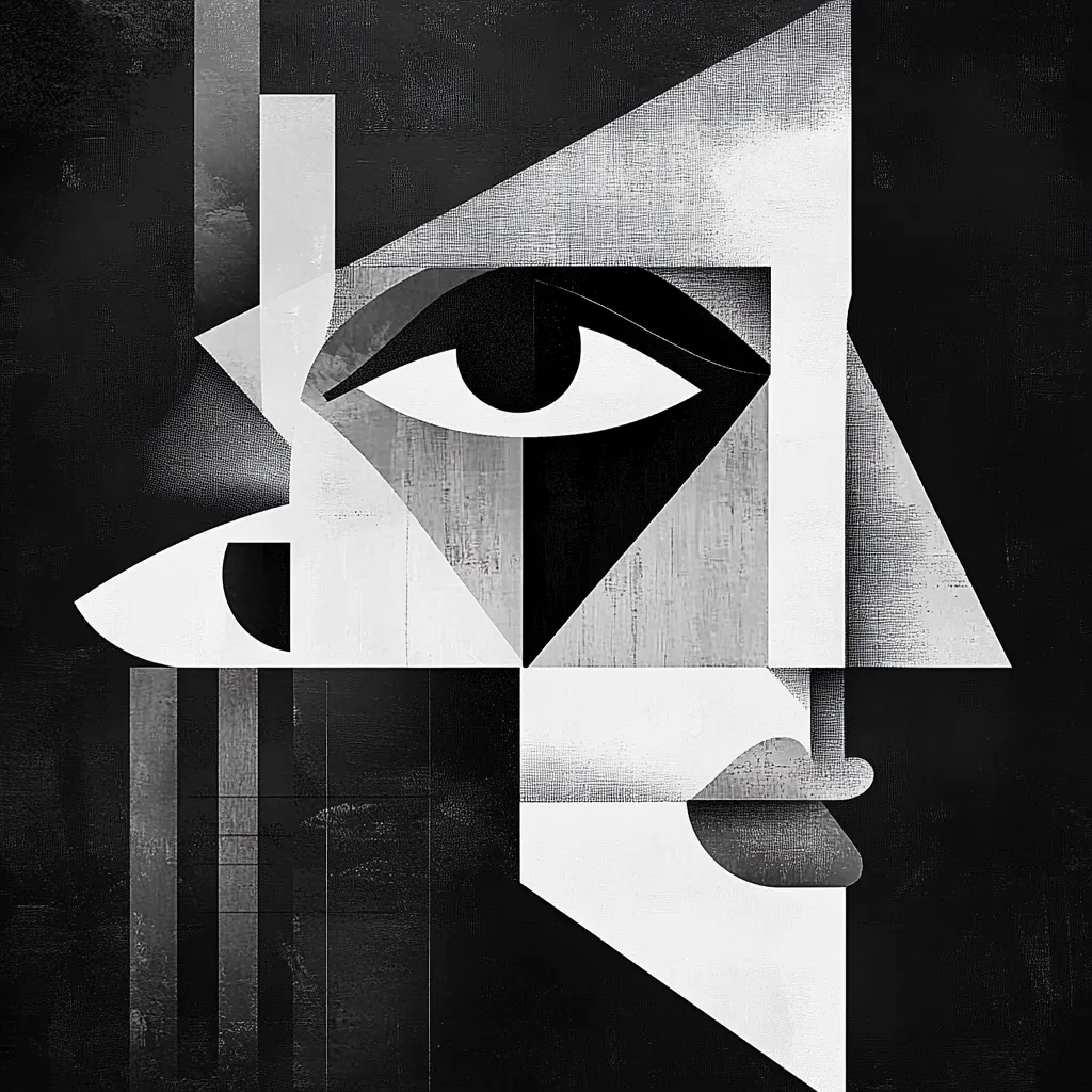 Here's a description of the image:

The artwork is a striking black and white abstract portrait, executed in a Cubist style.  Geometric shapes—triangles and rectangles—form a fragmented face, with a prominent, intensely rendered eye dominating one side.  The style is graphic and bold, using stark contrasts between light and dark to create depth and texture. The background is dark, enhancing the contrast and focusing attention on the multifaceted, almost mask-like visage.  A sense of both unity and fragmentation is conveyed through the interplay of the geometric forms.  The image is reminiscent of early 20th-century modern art movements.